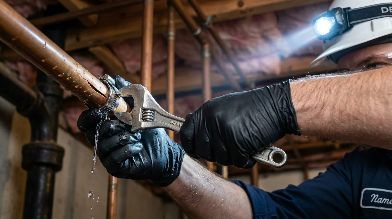 Emergency pipe clamp repair being performed by a Johns Plumbing LLC plumber in Joplin