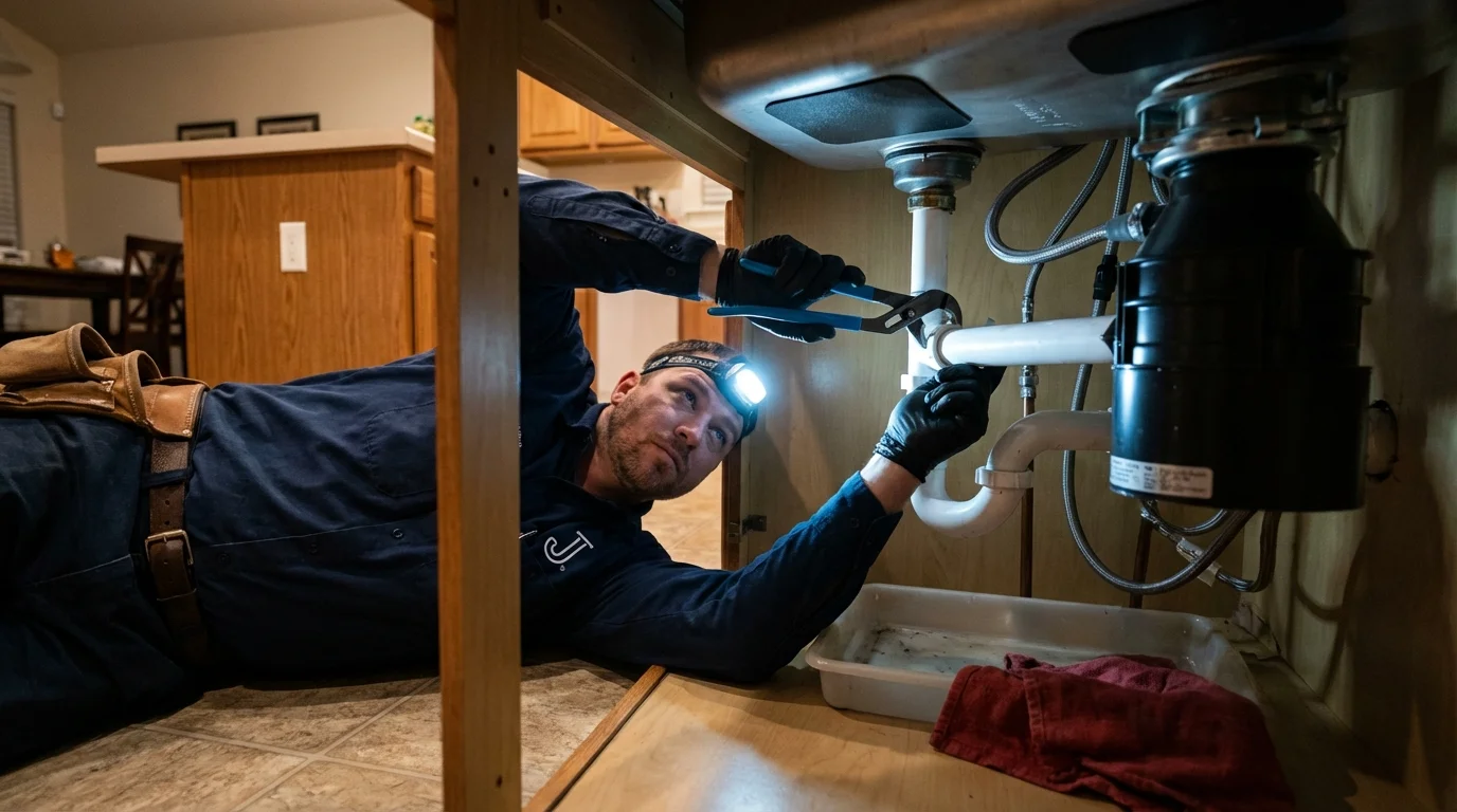 P-trap and supply line connections under a kitchen sink showing a common leak point in Joplin, MO
